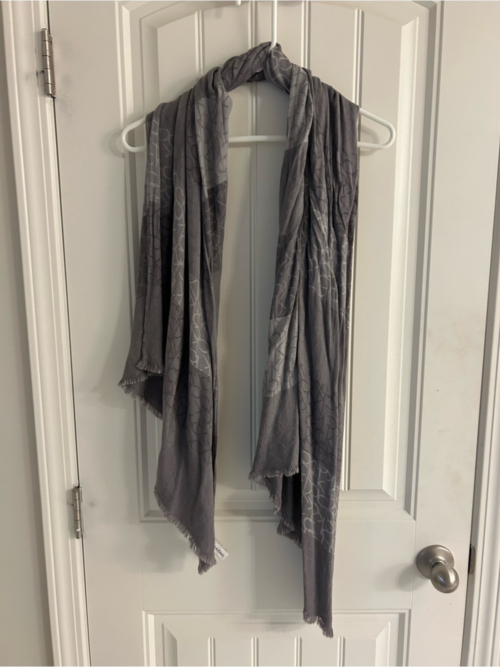 Calvin Klein Gray Logo Monogram Scarf | Lightweight Rayon Fringe Wrap Shawl